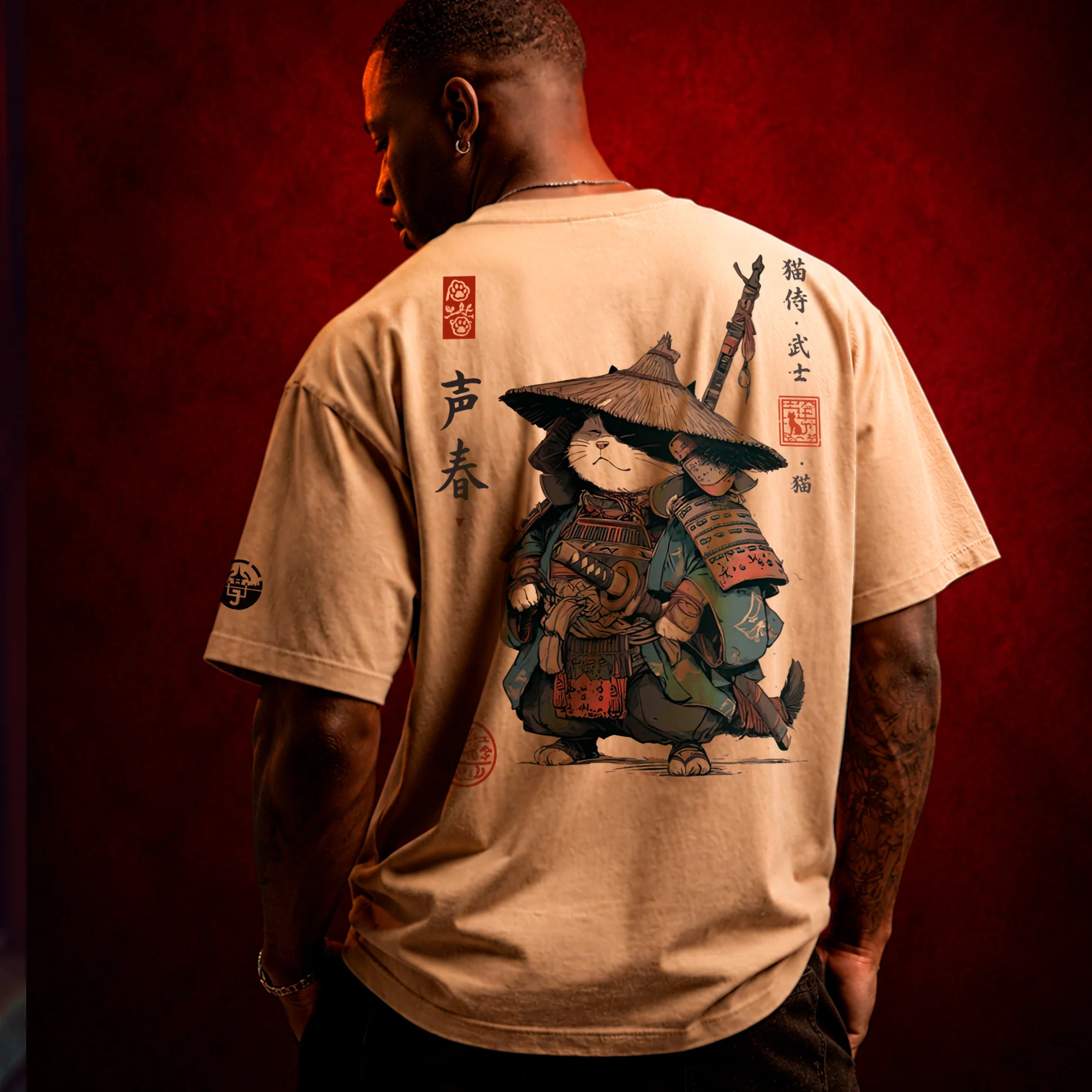 Katana Paws Men's Oversized Faded T-Shirt (back print) | AS Colour - Image 2