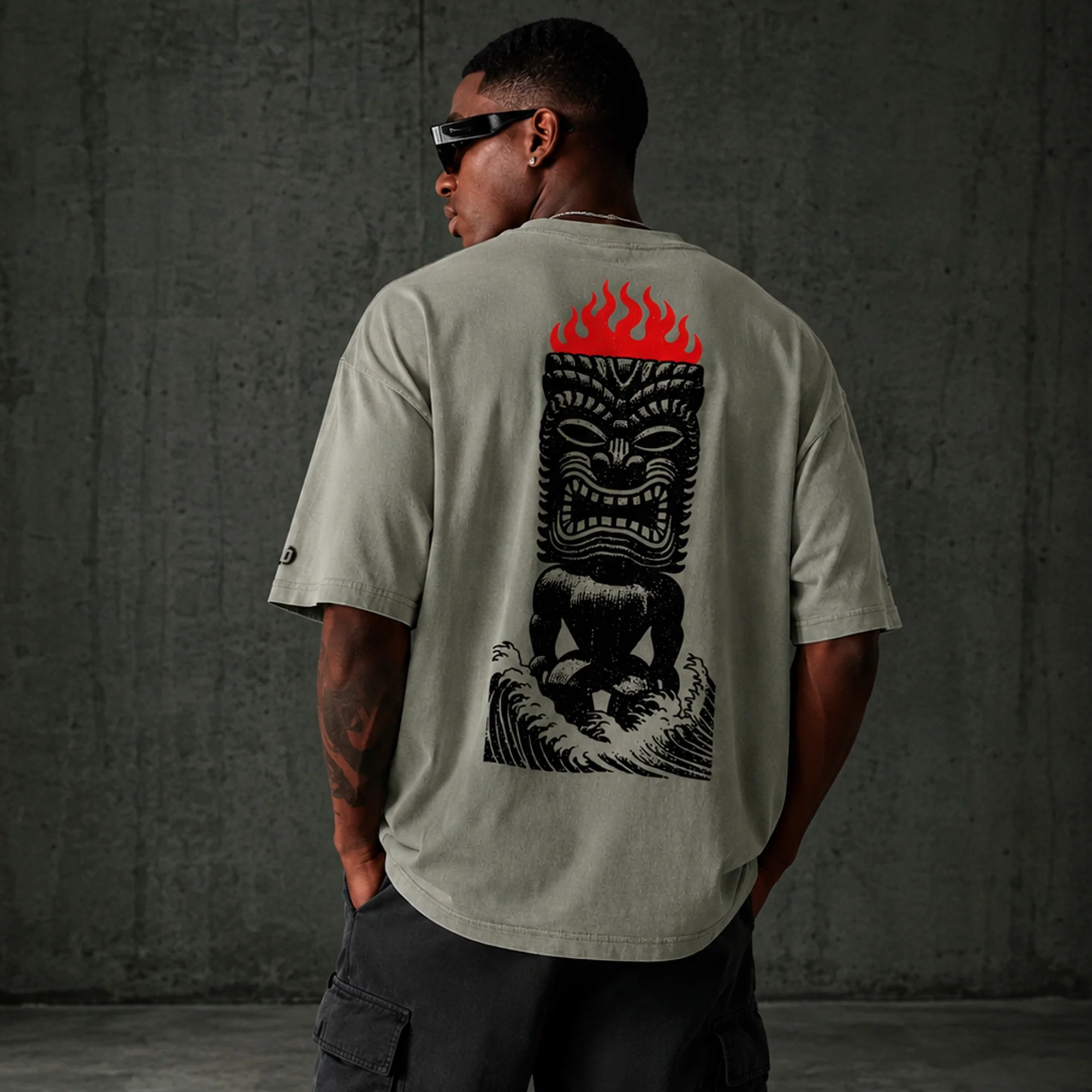 Tiki Inferno Men's Oversized Faded T-Shirt (back print)  | AS Colour